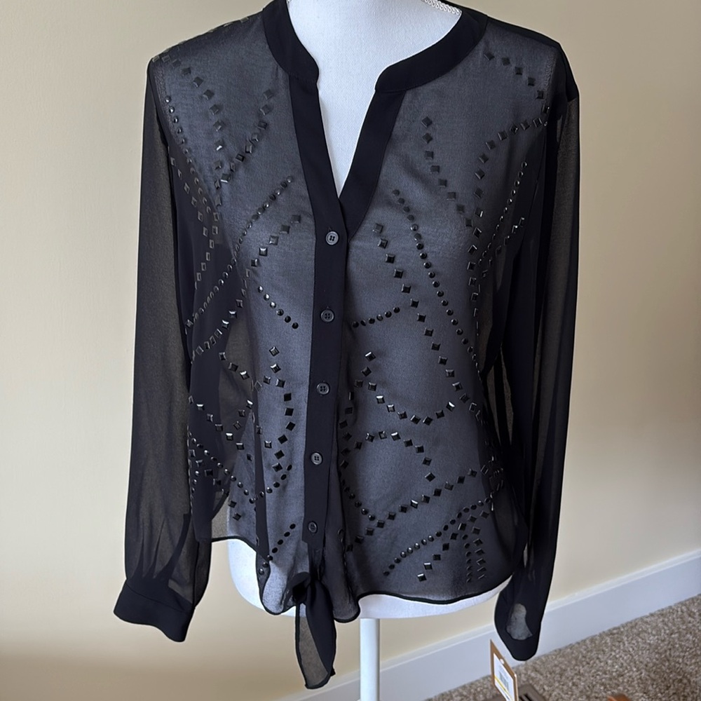 Ellen Tracy NWT Black Studded Jeweled Sheer Tie Front Top Medium